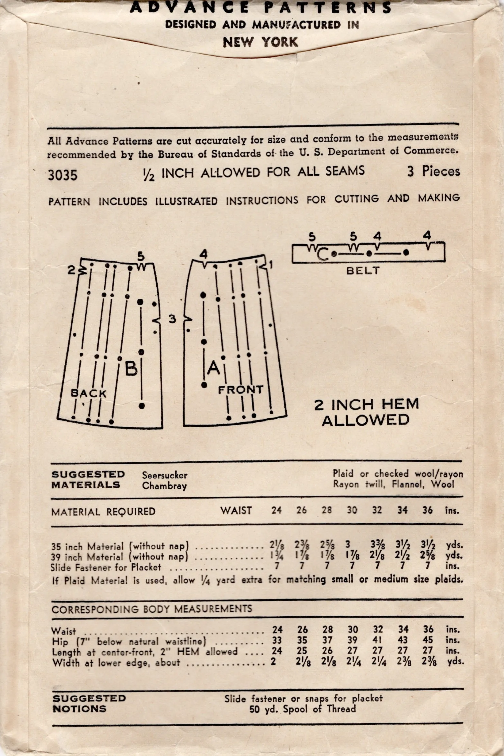 1940's Advance Pleated Skirt Pattern - Waist 28" - No. 3035