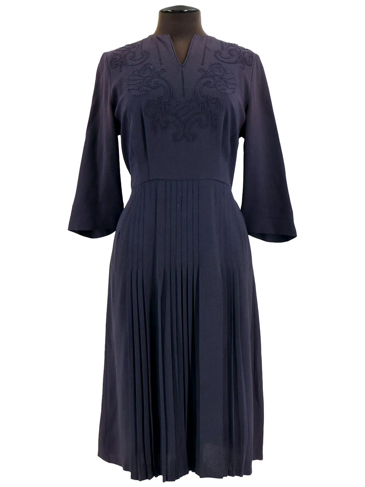 1940s Navy Blue Embroidered Crepe Vintage Dress