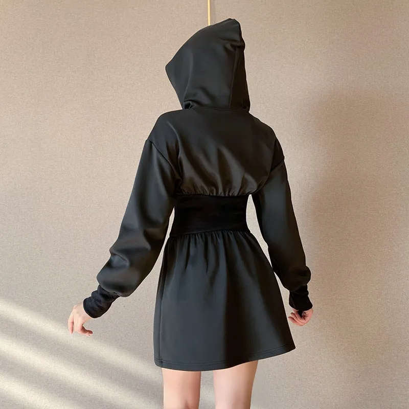 2022 slim hooded sexy gothic waistband thin bodysuit mini dress skater hoodie