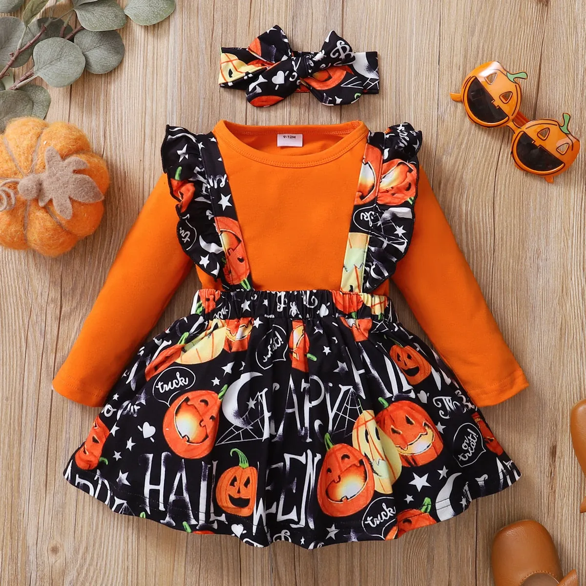 2PCS Halloween Pumpkin Print Long-sleeve Baby Skirt Set with Headband