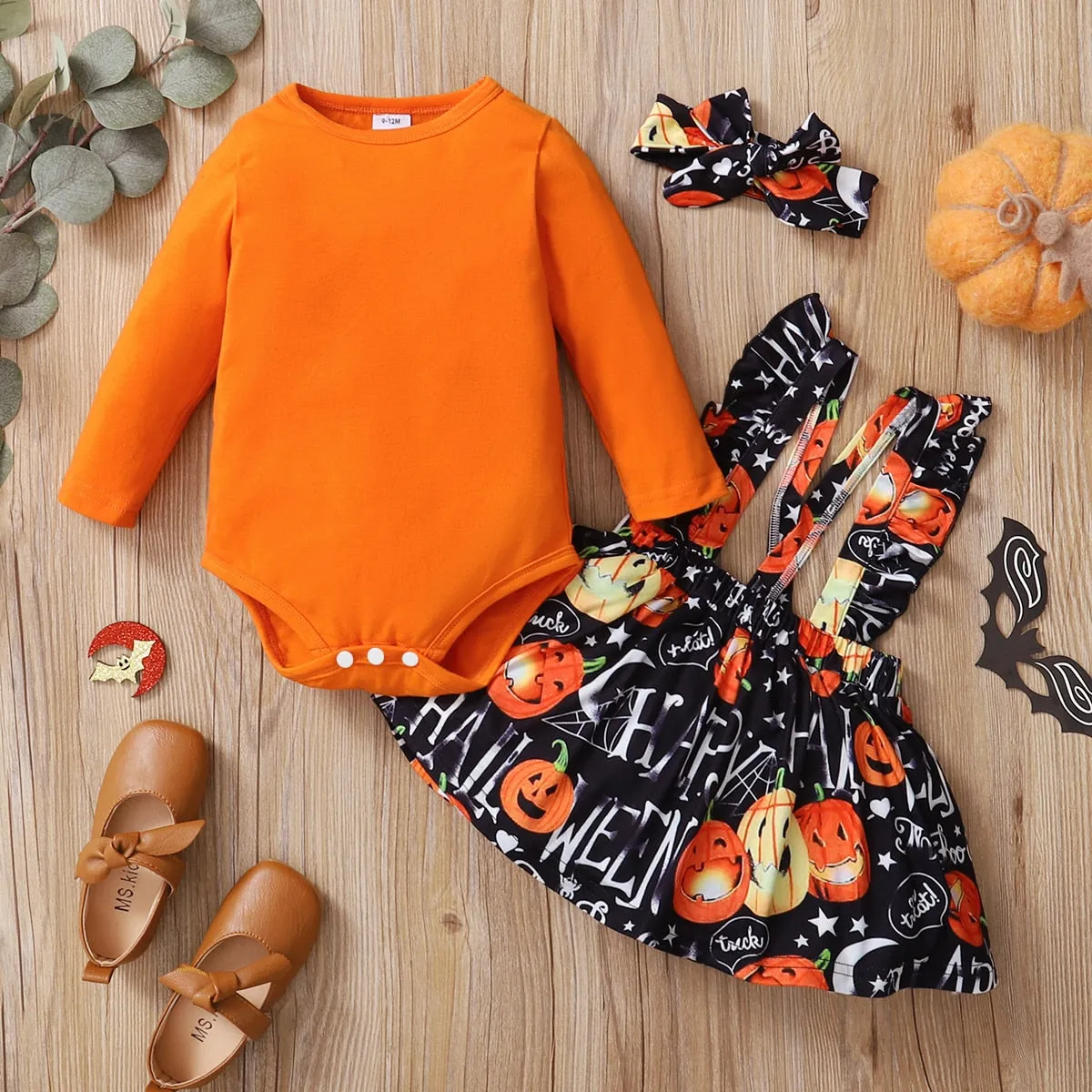 2PCS Halloween Pumpkin Print Long-sleeve Baby Skirt Set with Headband