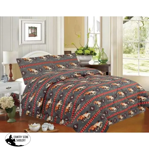 4 piece Queen Size Gray Running Horse Luxury Comforter Set.