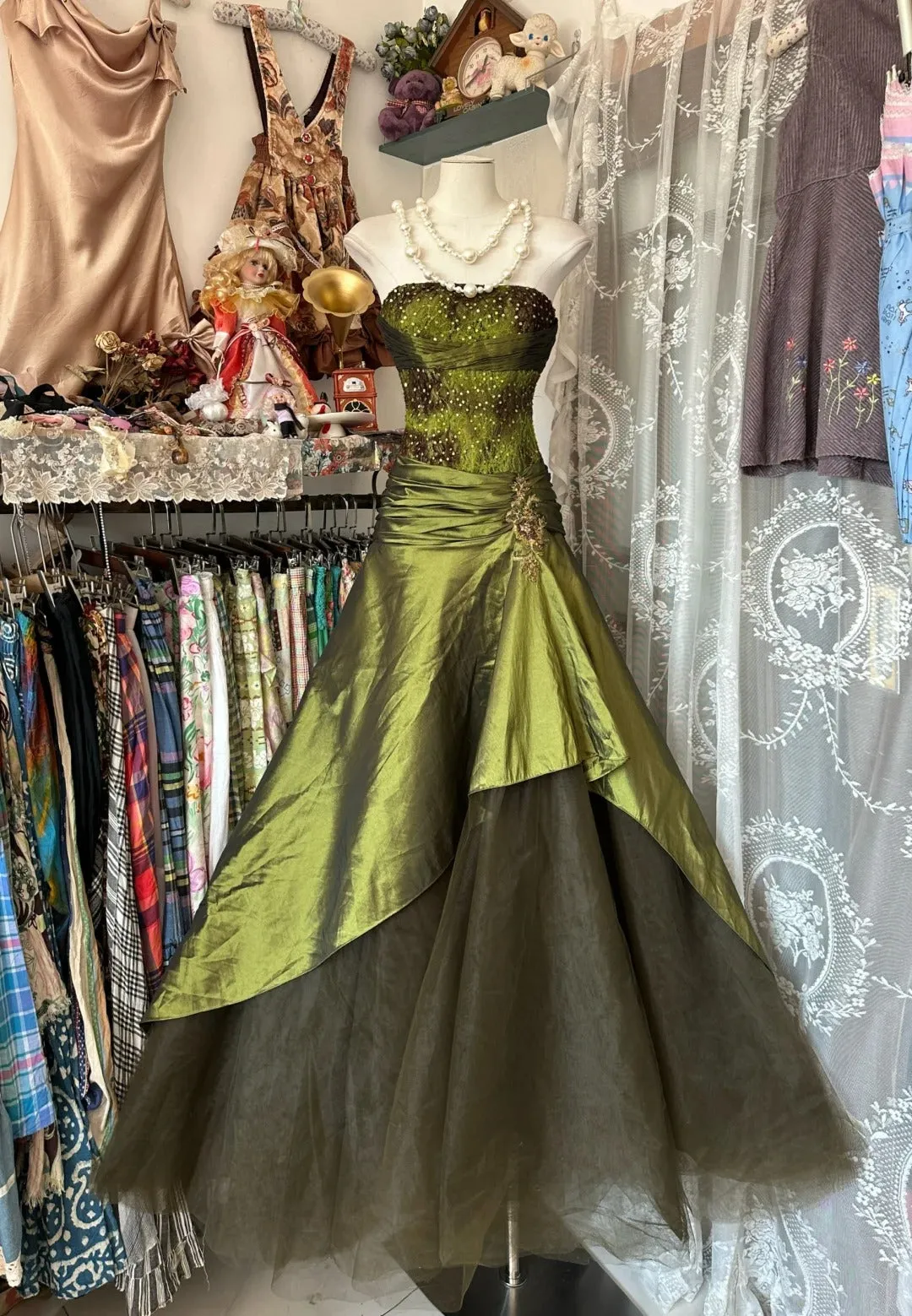 A Line Green Strapless Prom Dress Evening Party Dress   fg7383