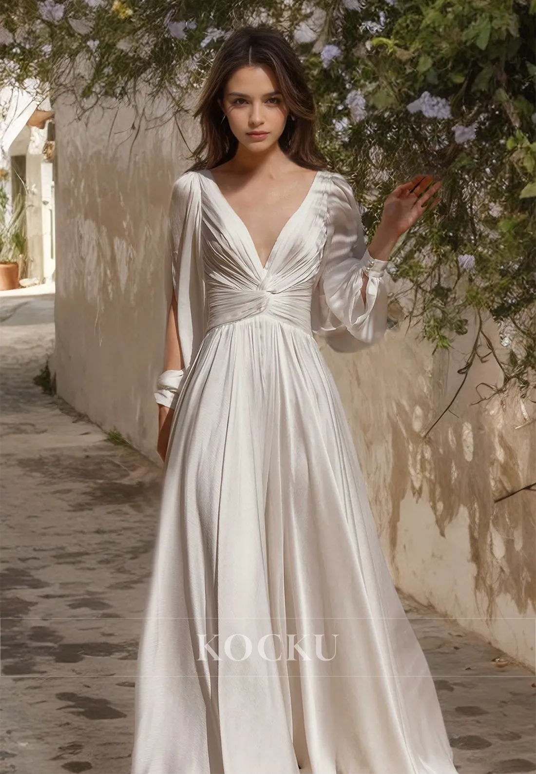 A-Line V-Neck Long Sleeves Ruched Lace Beach Wedding Dress with Train Boho Gowns