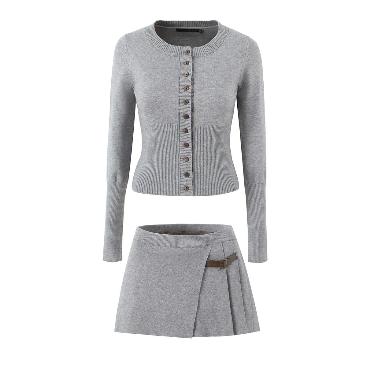 A&A Knitted Crew Neck Cardigan And  Waist Pleated Slit Hem Mini Skirt Set