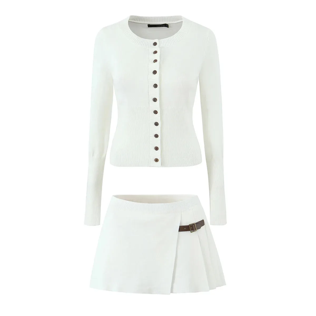 A&A Knitted Crew Neck Cardigan And  Waist Pleated Slit Hem Mini Skirt Set