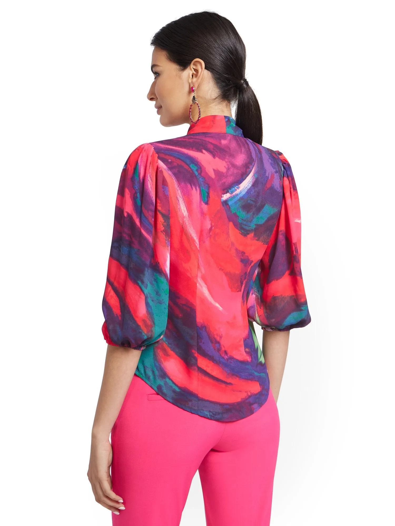 Abstract Watercolor Print Essential V-Neck Bow Blouse