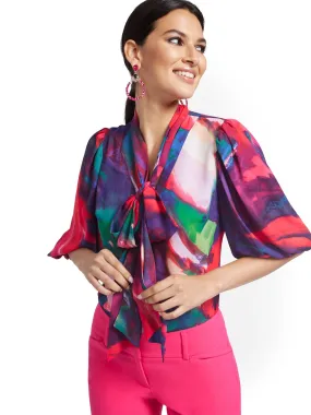 Abstract Watercolor Print Essential V-Neck Bow Blouse