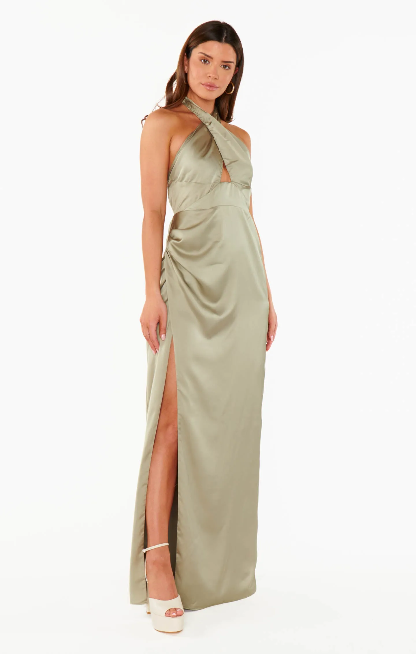 Adele Halter Maxi Dress ~ Moss Green Luxe Satin