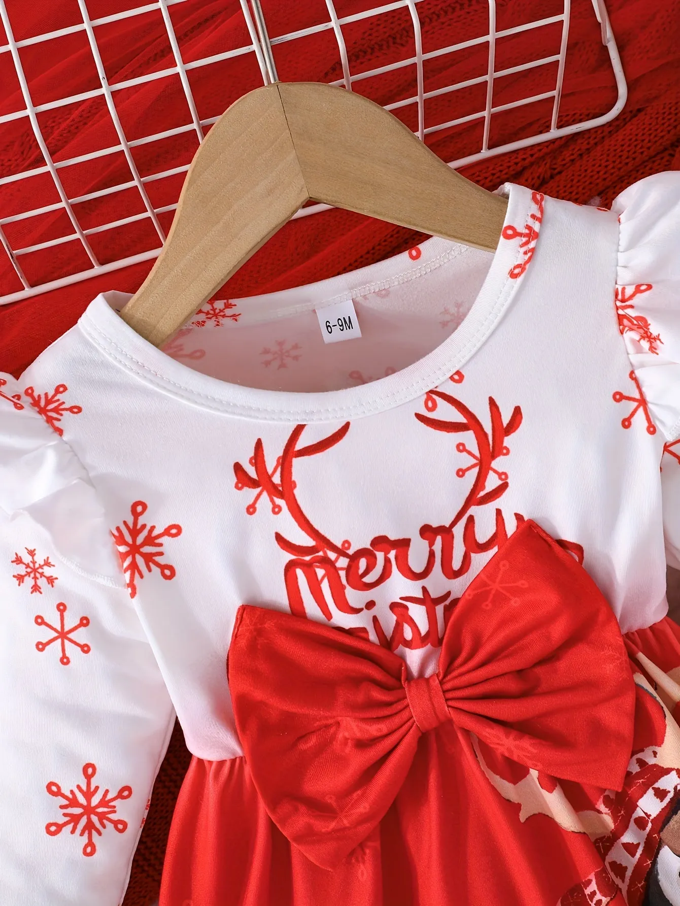 Adorable Baby Girl Christmas Dress with Snowflake & Reindeer Design, Long Sleeves & Bow Detail - Stretchy Polyester Blend, Machine Washable