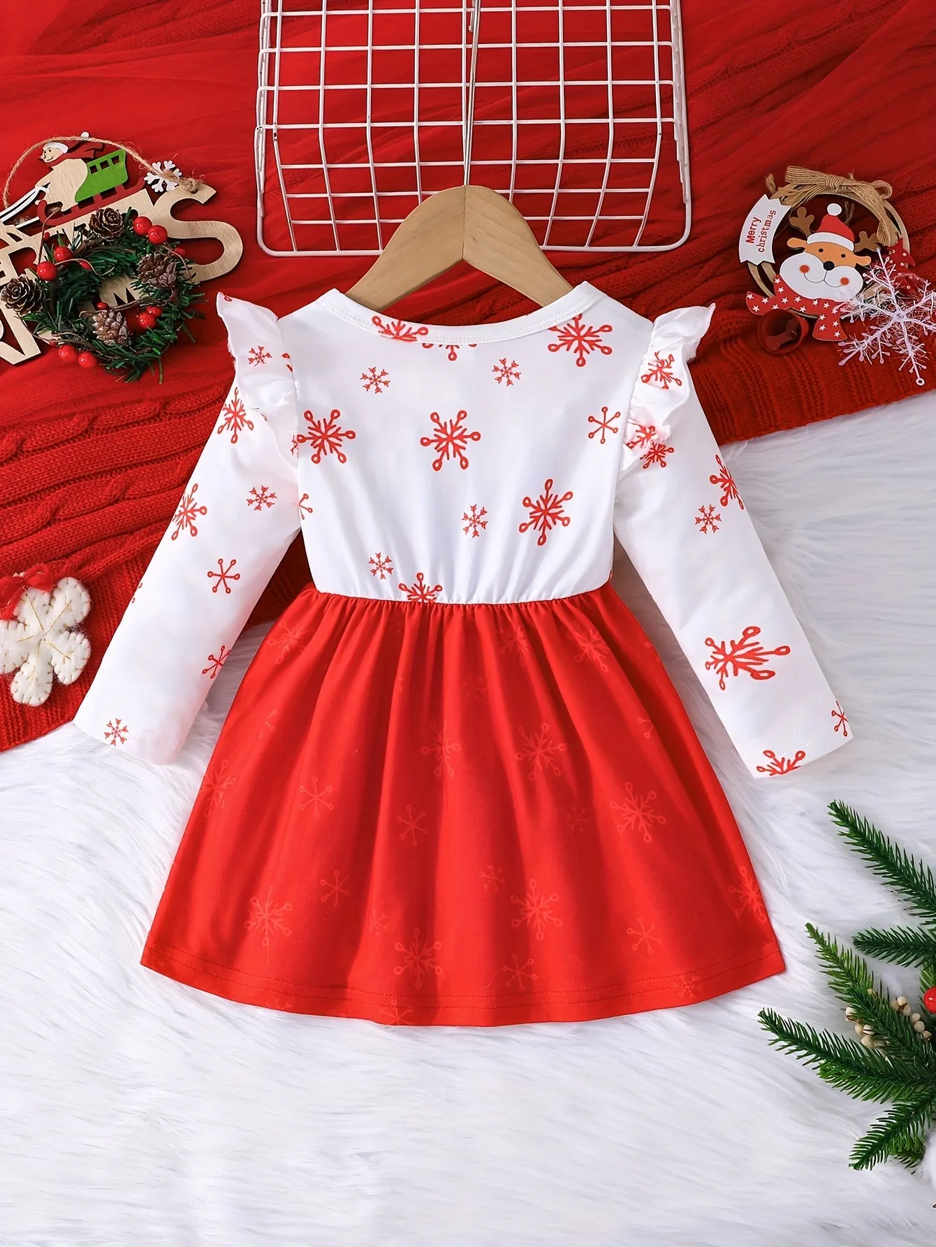 Adorable Baby Girl Christmas Dress with Snowflake & Reindeer Design, Long Sleeves & Bow Detail - Stretchy Polyester Blend, Machine Washable