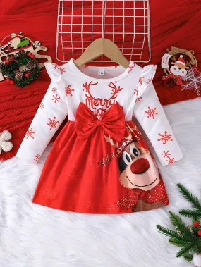 Adorable Baby Girl Christmas Dress with Snowflake & Reindeer Design, Long Sleeves & Bow Detail - Stretchy Polyester Blend, Machine Washable