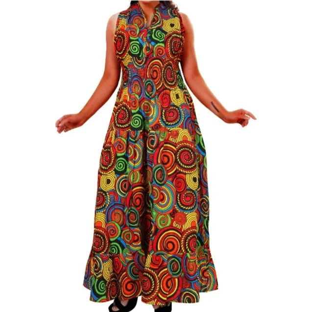 African Ankara Style Print Long Smocked Maxi Sundress - One Size Fits S - 2XL