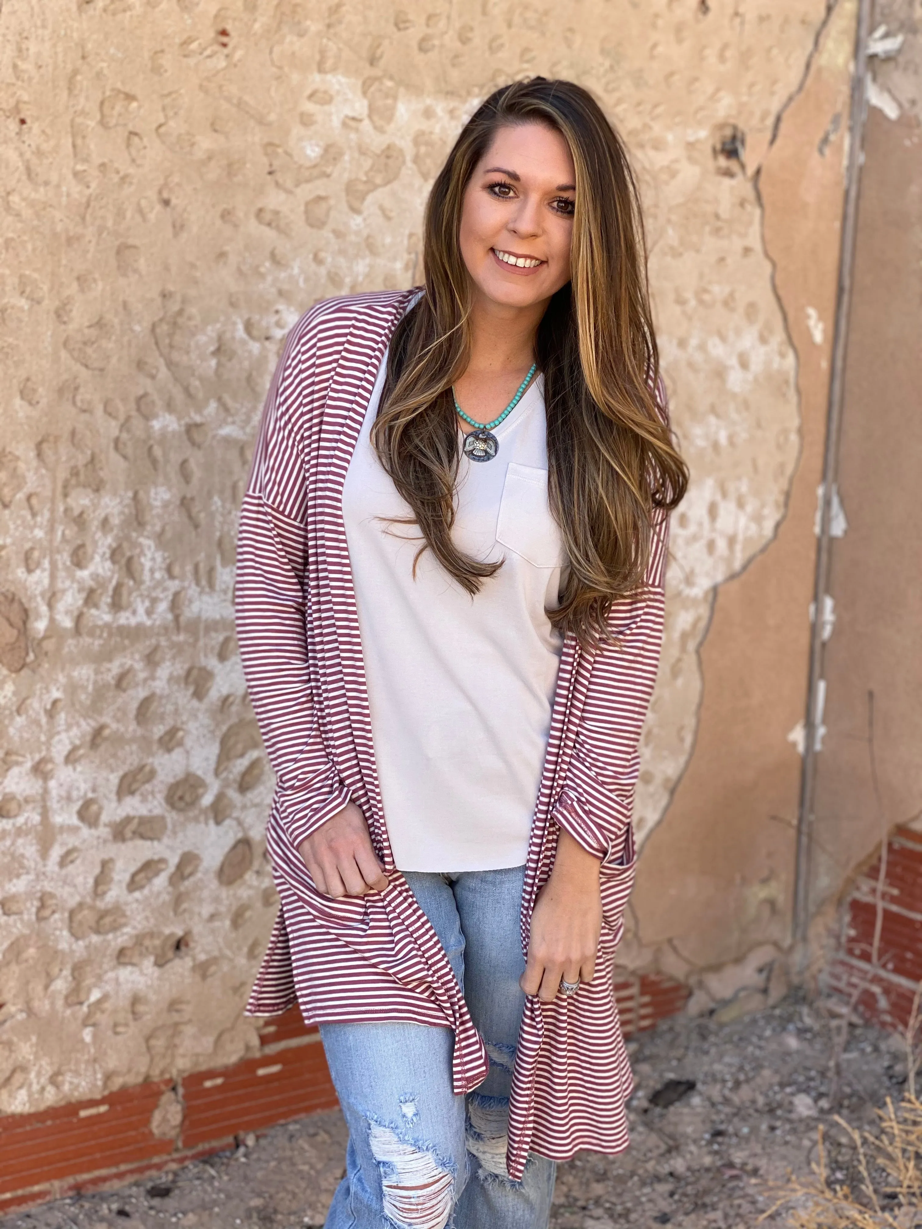 Aimee Mauve Striped Cardigan by Texas True Threads