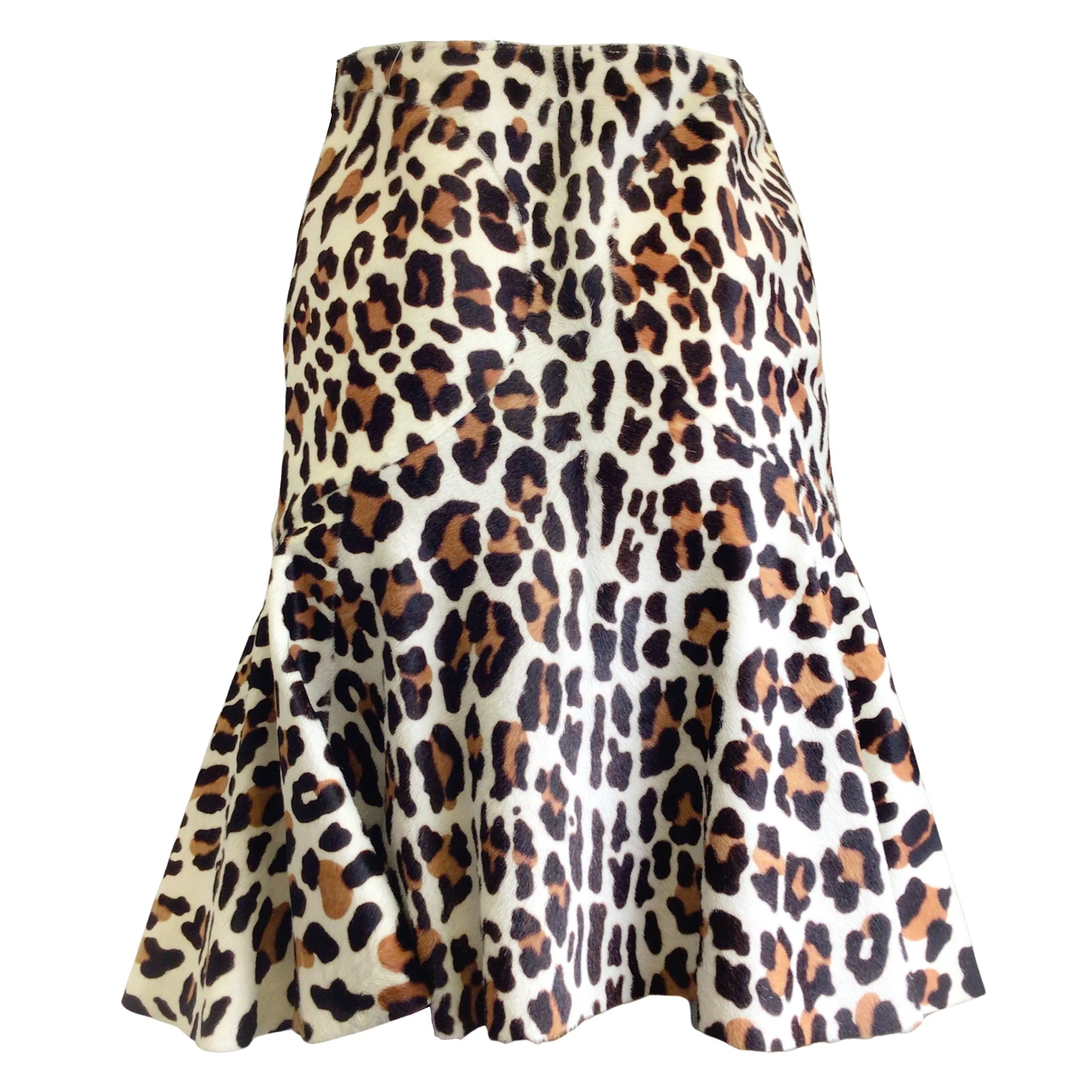 Alaia Ivory / Tan / Brown Leopard Printed Flared Calf Hair Skirt