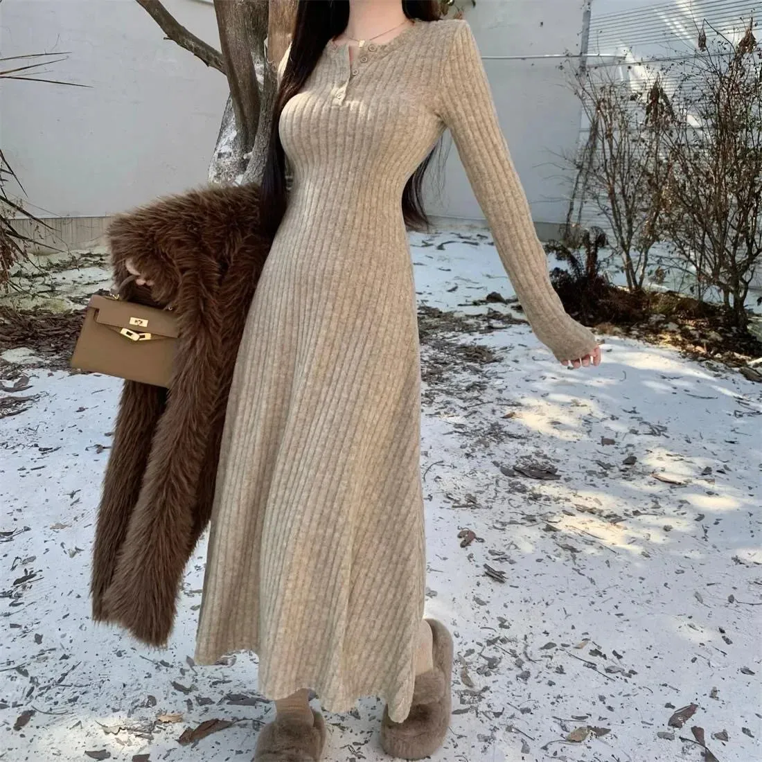 Amozae- Autumn/Winter New A- Line Long Dress Slimming Waist-Fitted Knitted Cotton Snowflake Ribbed Dress For Women