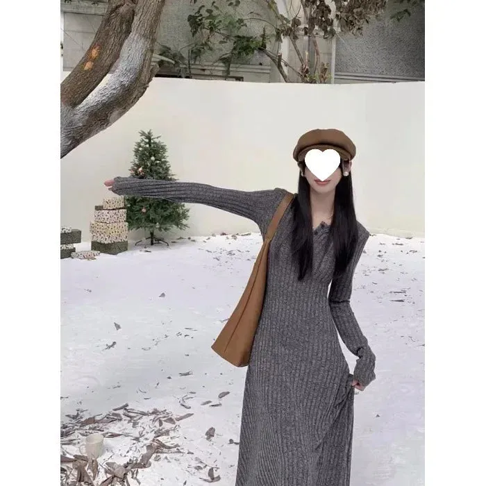 Amozae- Autumn/Winter New A- Line Long Dress Slimming Waist-Fitted Knitted Cotton Snowflake Ribbed Dress For Women