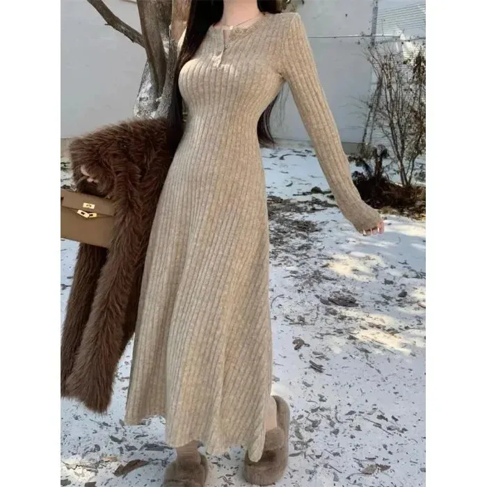 Amozae- Autumn/Winter New A- Line Long Dress Slimming Waist-Fitted Knitted Cotton Snowflake Ribbed Dress For Women