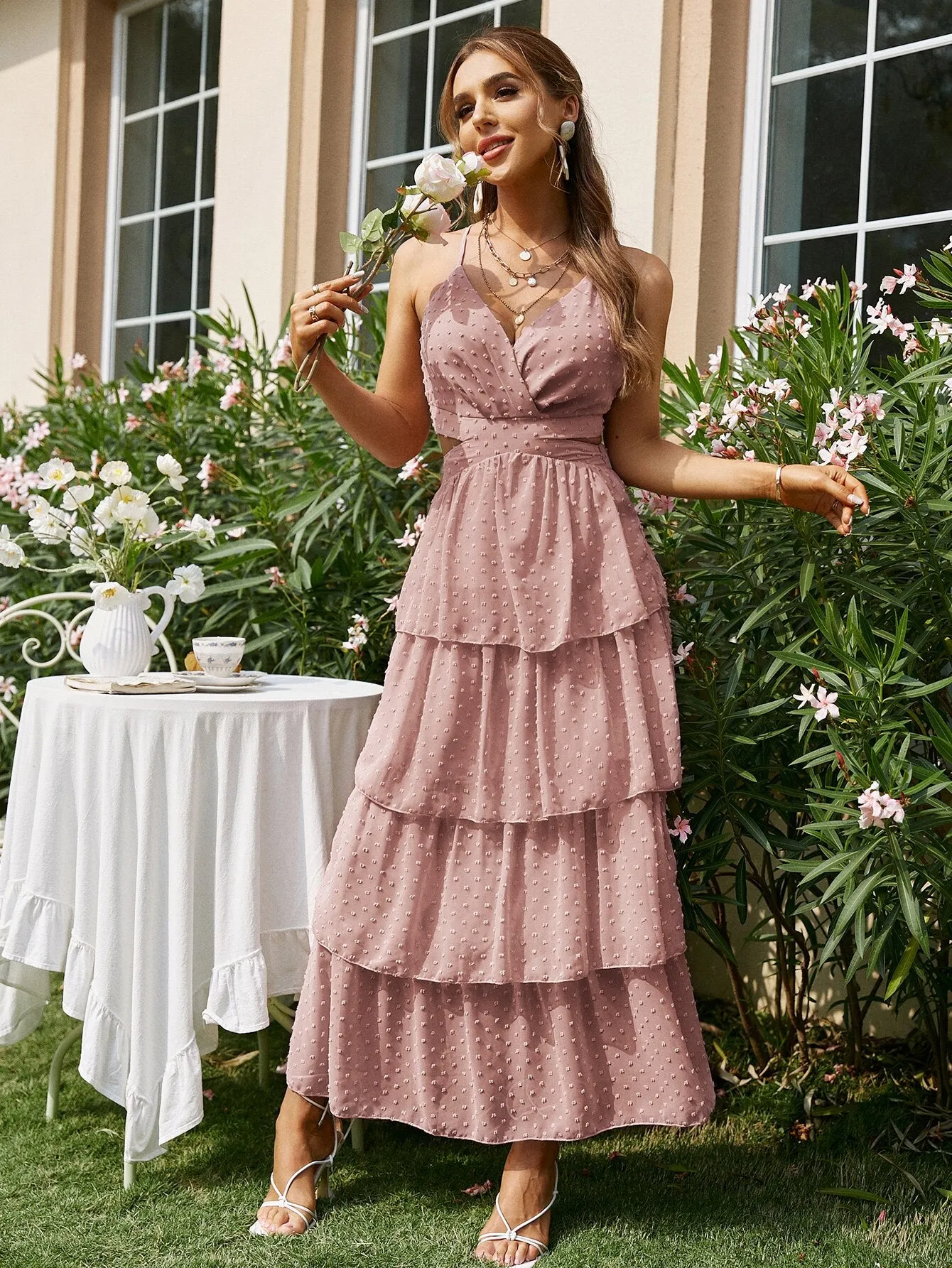 Amozae  Backless layer ruffle lace up party dress women Summer   frills v-neck maxi dresses Spaghetti straps elegant vestido