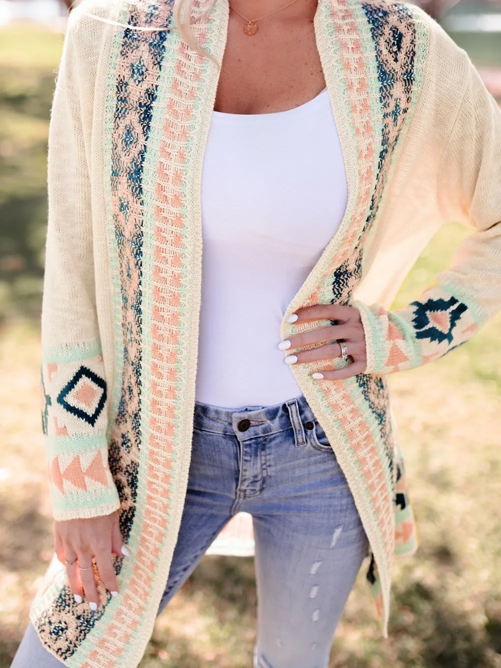 Apricot Aztec Patterned Open Front Sweater Cardigan