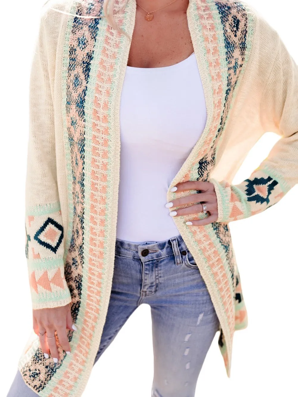 Apricot Aztec Patterned Open Front Sweater Cardigan