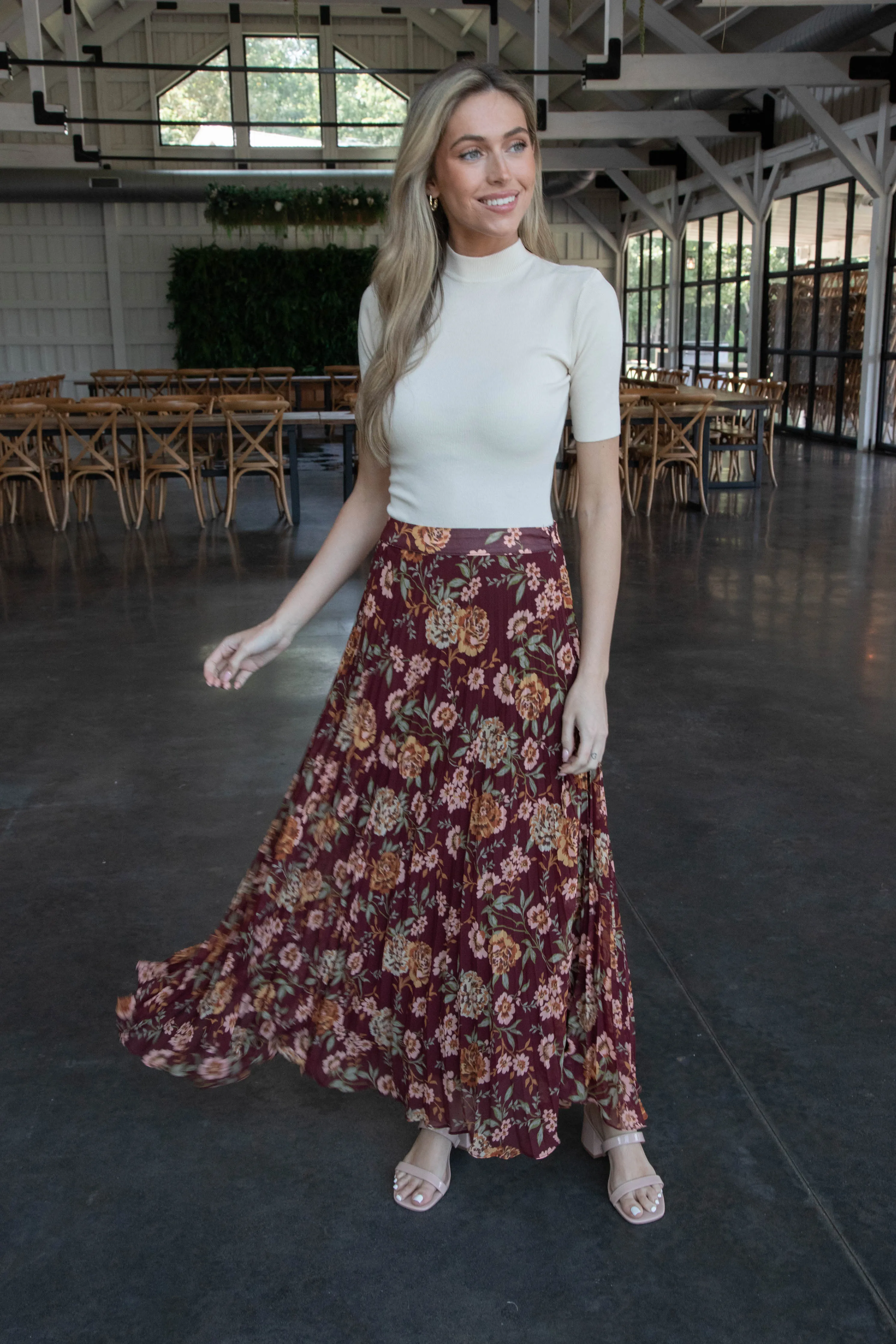 Ariya Floral Pleated Midi Skirt, Marsala Peach