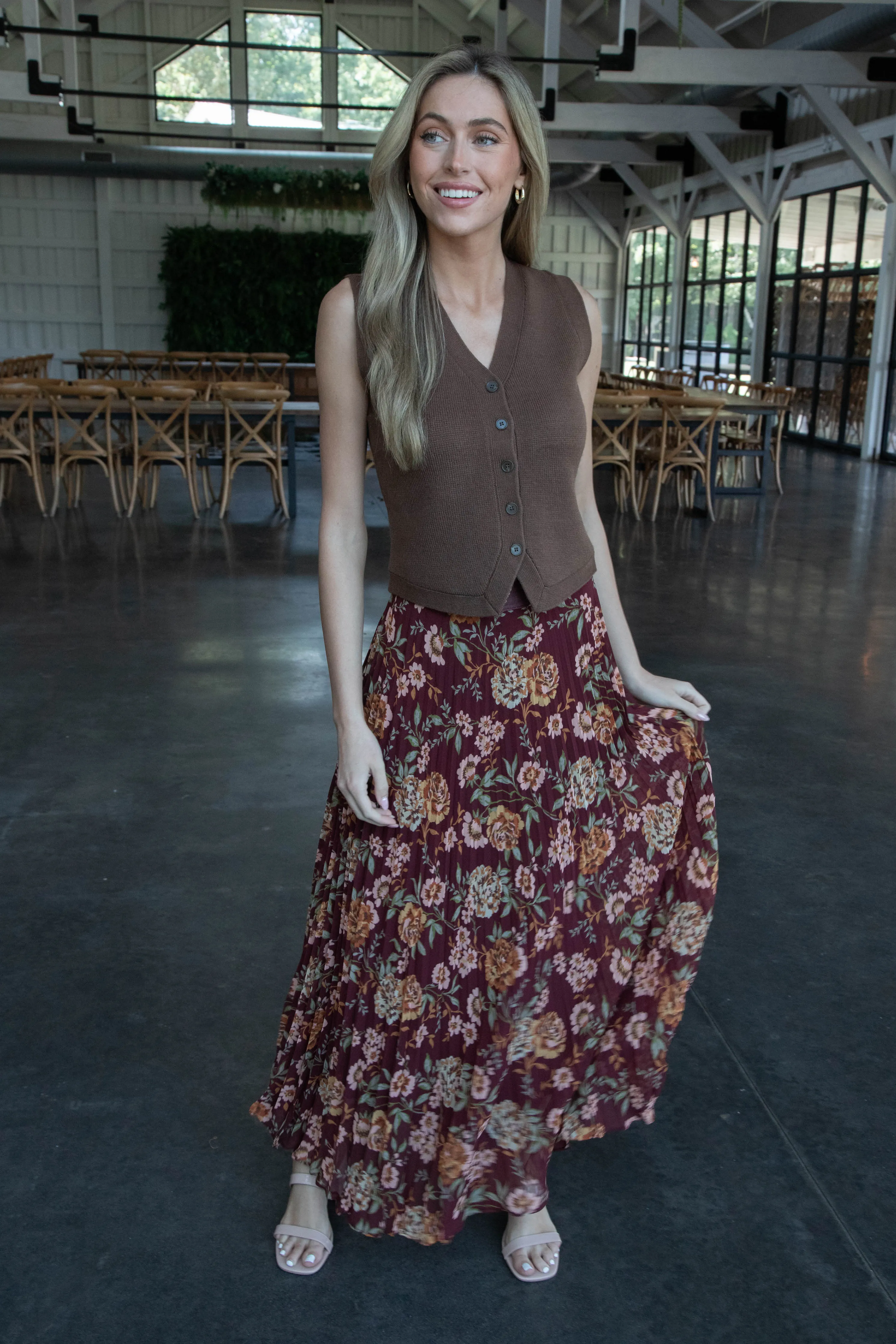 Ariya Floral Pleated Midi Skirt, Marsala Peach