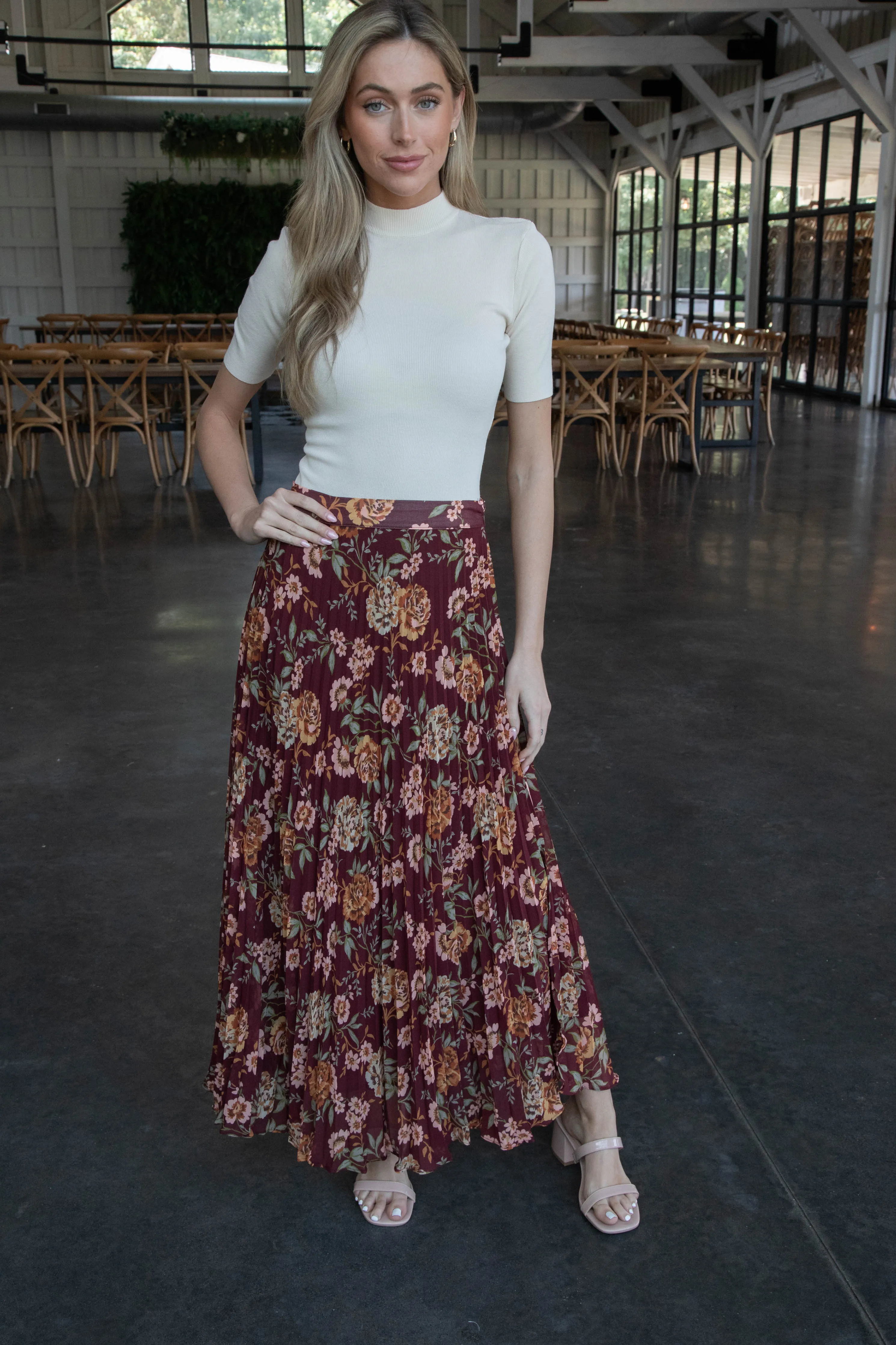 Ariya Floral Pleated Midi Skirt, Marsala Peach