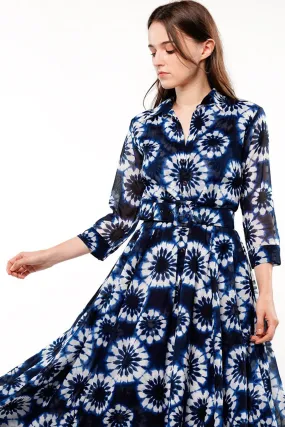 Aster Dress Shirt Collar 3/4 Sleeve Midi Length Cotton Musola (Shibori Snowflake)