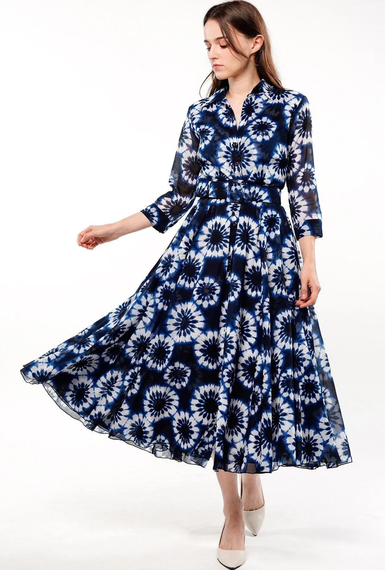 Aster Dress Shirt Collar 3/4 Sleeve Midi Length Cotton Musola (Shibori Snowflake)