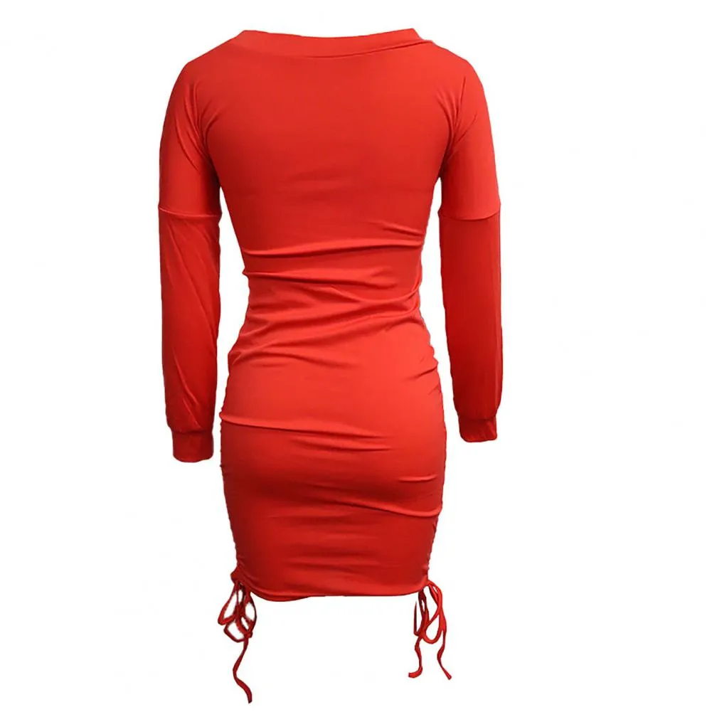 Autumn Pencil Dress High-Waist Christmas Shirring Ruched Hip Wrap Xmas Bodycon Female Clothing