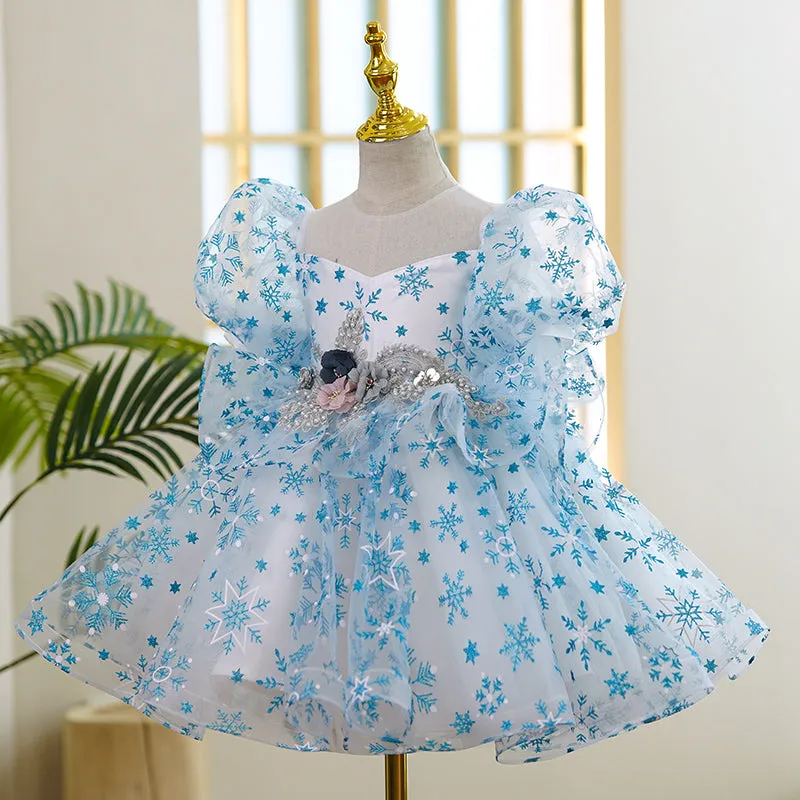 Baby Girl Easter Dress Toddler Flower Embroidered Puff Sleeves Summer Snowflake Wedding Princess Dress