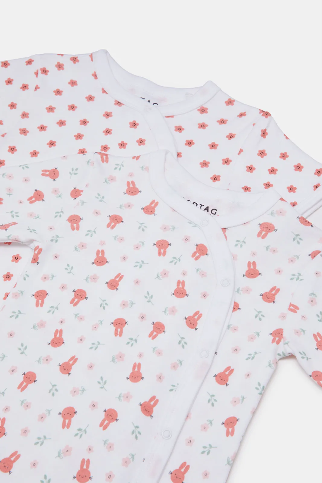 Baby White And Coral Printed Romper Set (Pack Of 2)