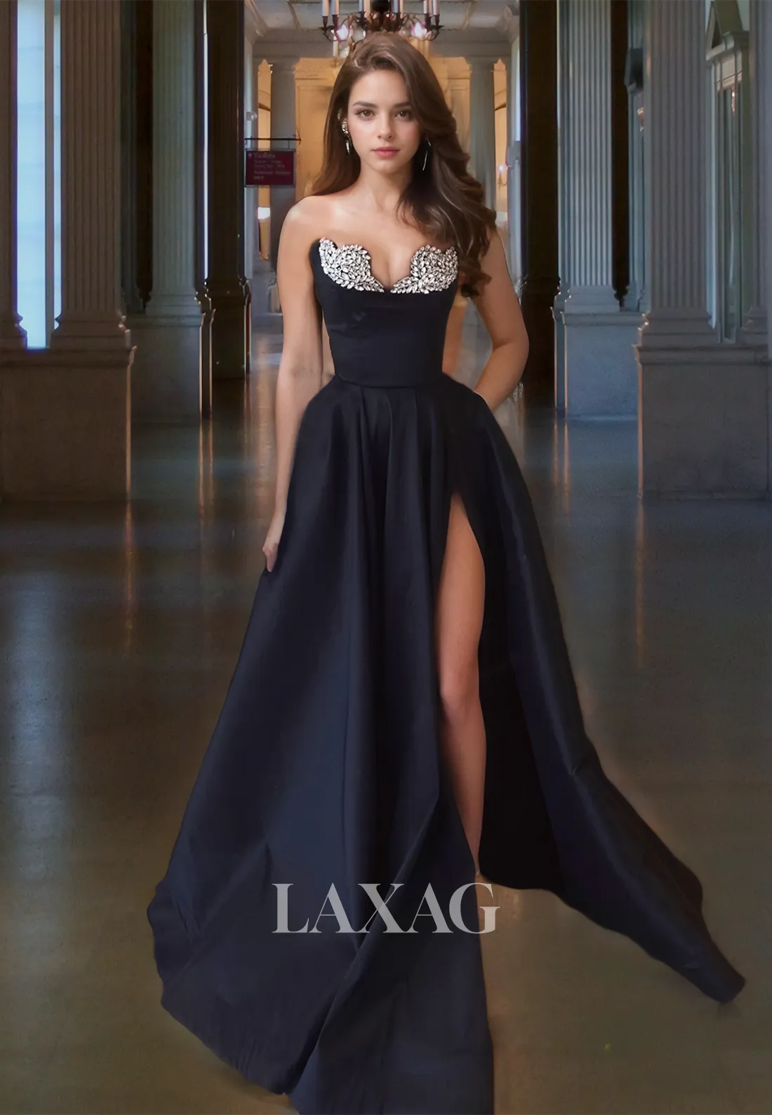 Beaded Sweetheart Sleeveless A-Line Prom Dress Off-Shoulder Pleated High Slit Formal Gowns