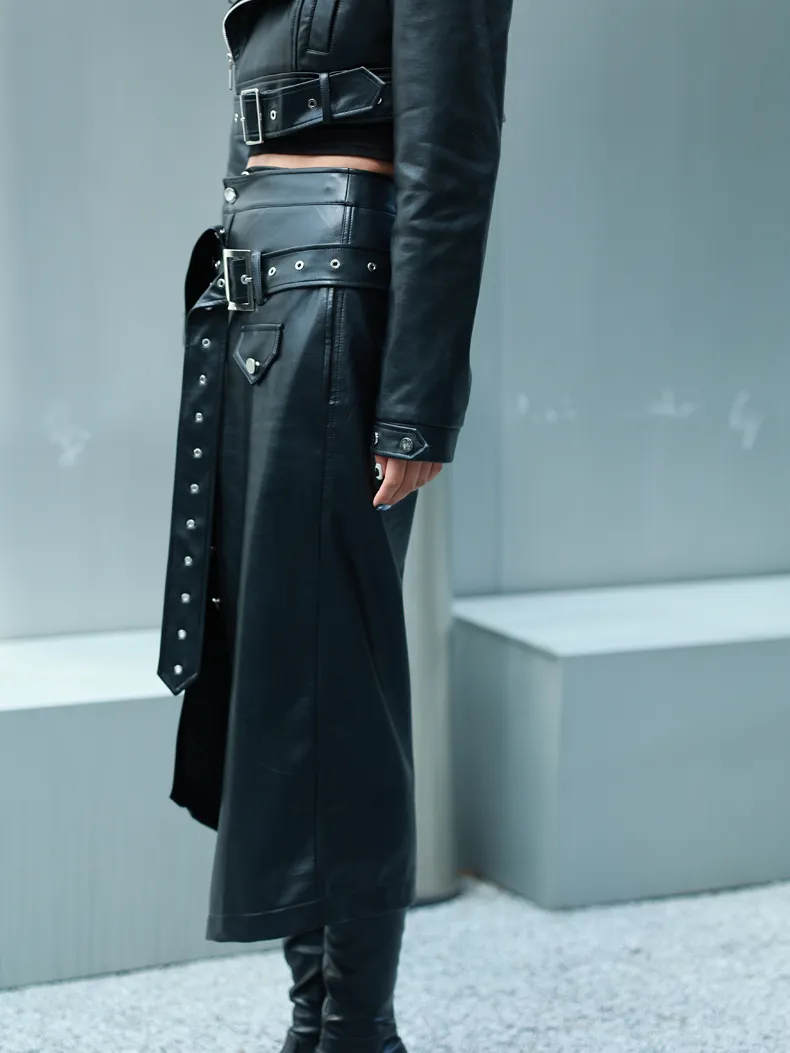 Belt Asymmetry Leather Cool Long-Skirt