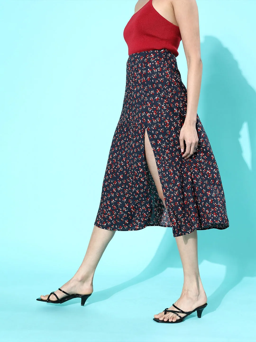 Berrylush Women Navy Blue Ditsy Floral Printed Thigh-Slit Flared Midi Skirt