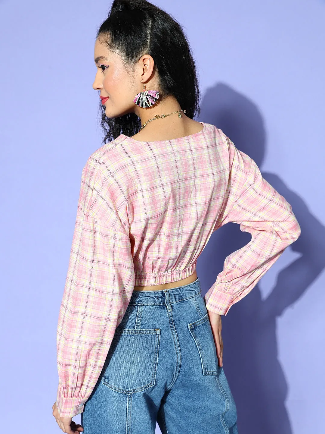 Berrylush Women Pink & White Checked Pattern V-Neck Puff Sleeves Pleated Wrap Crop Top