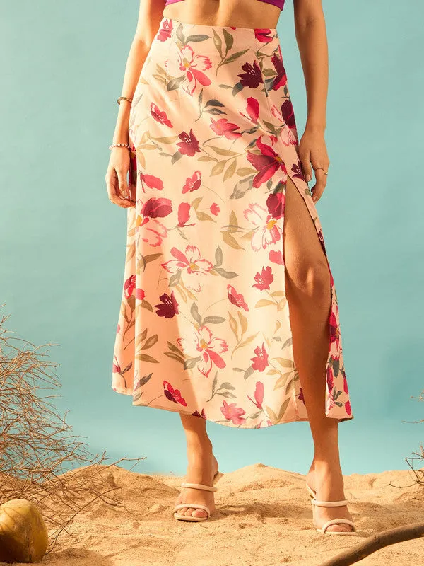 Berrylush Women Pink Floral Printed High-Rise Waist Thigh-High Slit Flared A-Line Midi Skirt