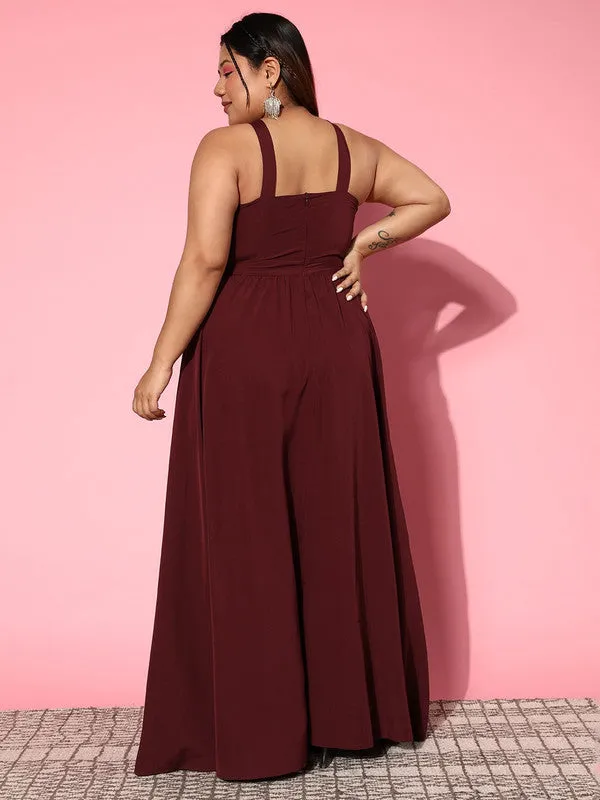 Berrylush Women Plus Size Solid Maroon Halter Neck Sleeveless Crepe Flared Maxi Dress