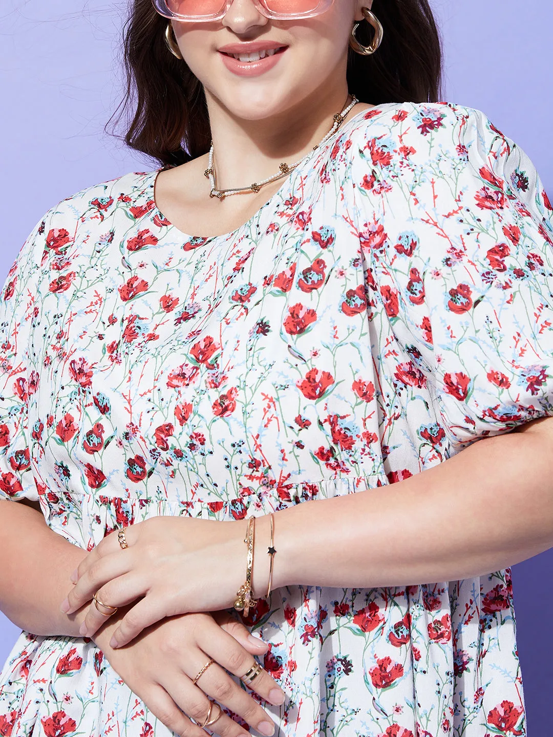 Berrylush Women Plus Size White & Red Floral Printed Round Neck Button-Up Crepe Pleated Regular Top