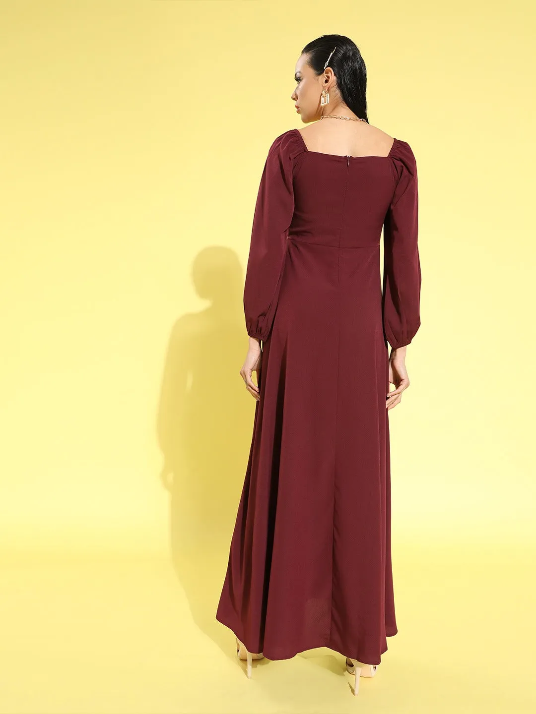 Berrylush Women Solid Maroon Square Neck Puff Sleeves Crepe Flared Maxi Dress