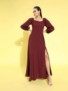 Berrylush Women Solid Maroon Square Neck Puff Sleeves Crepe Flared Maxi Dress