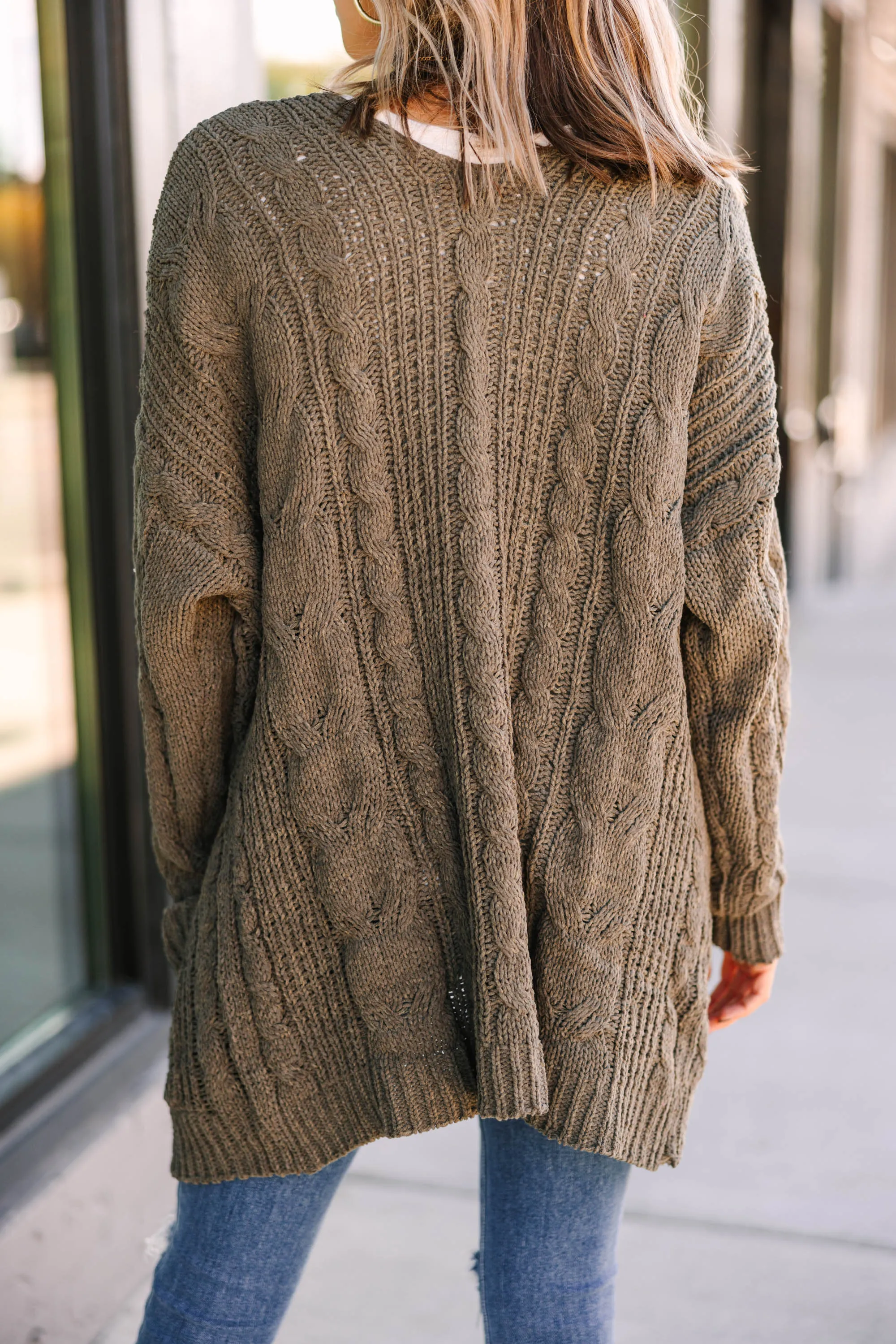 Better Places Ahead Olive Green Cable Knit Cardigan