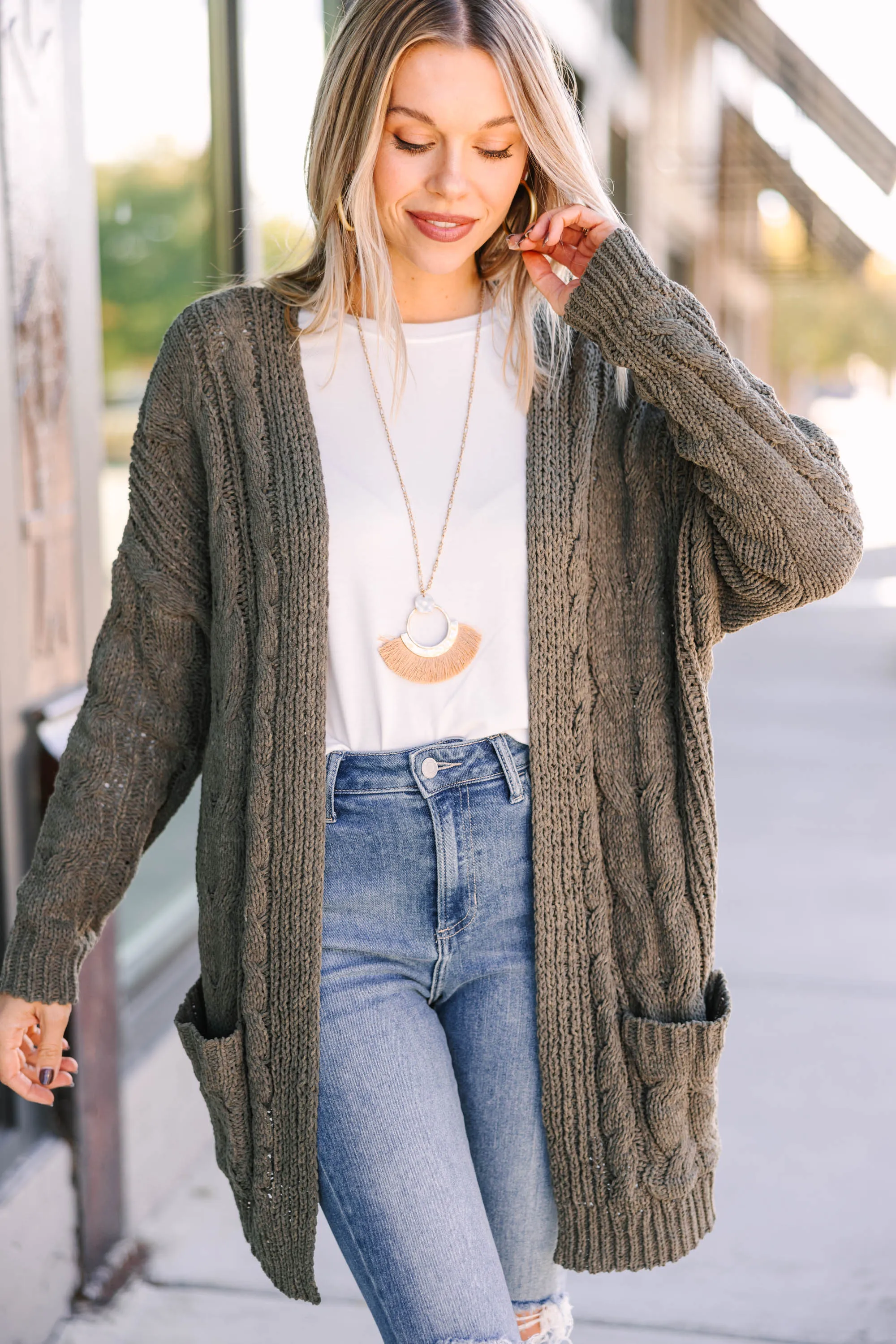 Better Places Ahead Olive Green Cable Knit Cardigan