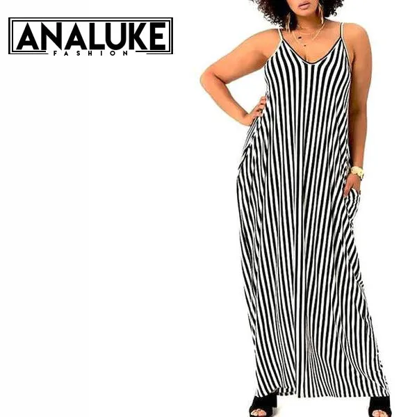 Big Size Black Striped Pockets Dress