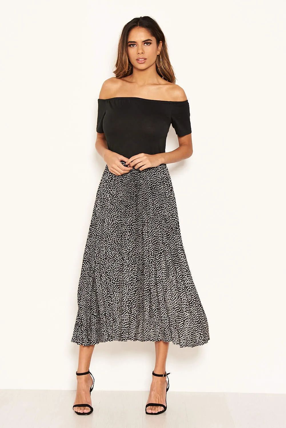 Black 2 in 1 Polka Dot Pleated Midi Dress