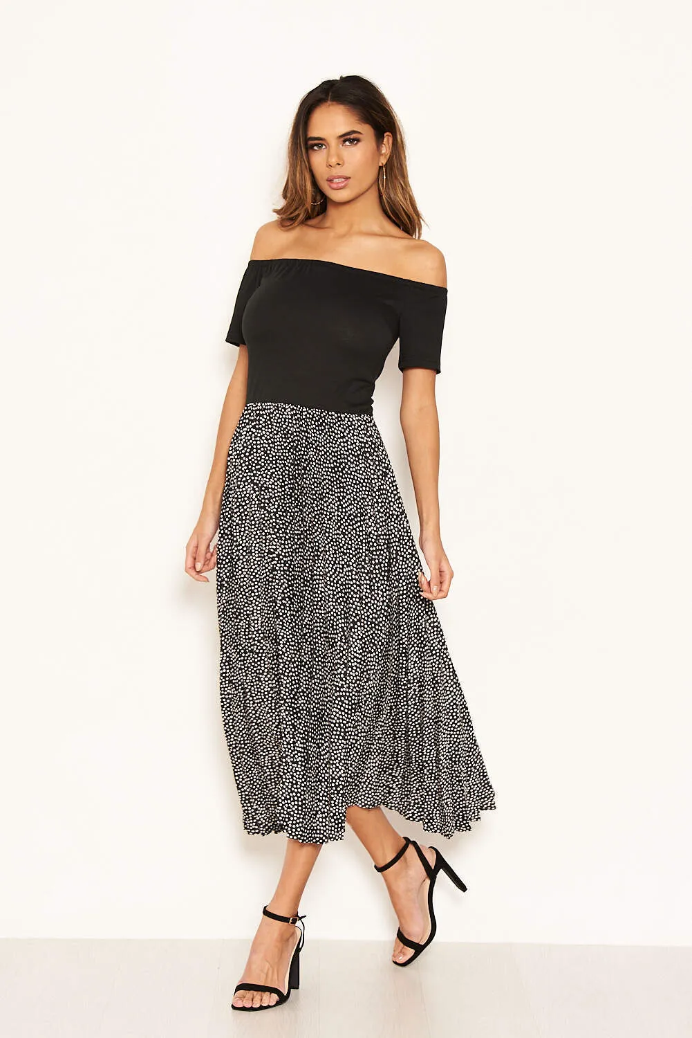 Black 2 in 1 Polka Dot Pleated Midi Dress