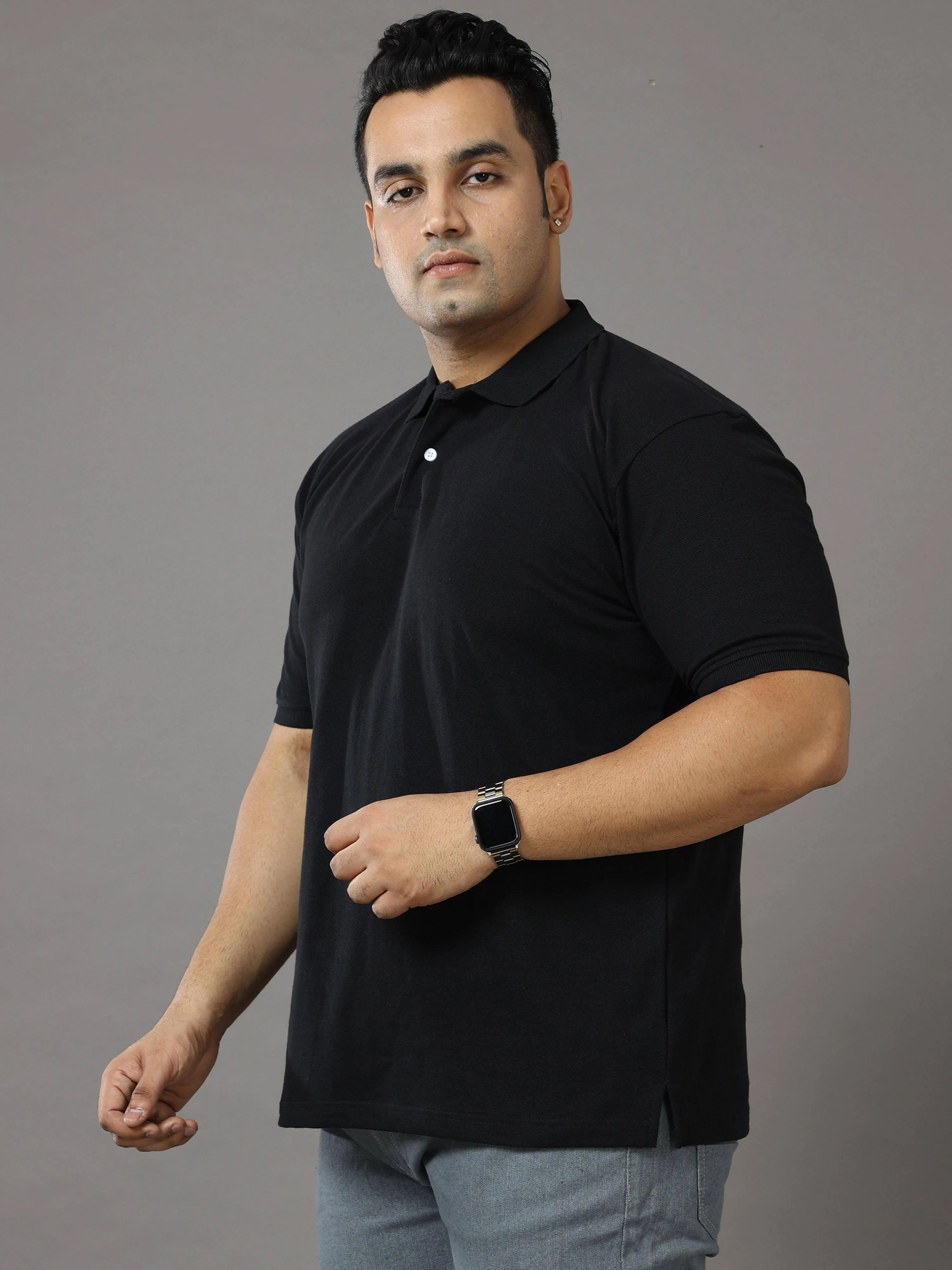 Black Solid Polo Collar Pure Cotton T-SHIRT Men's Plus Size