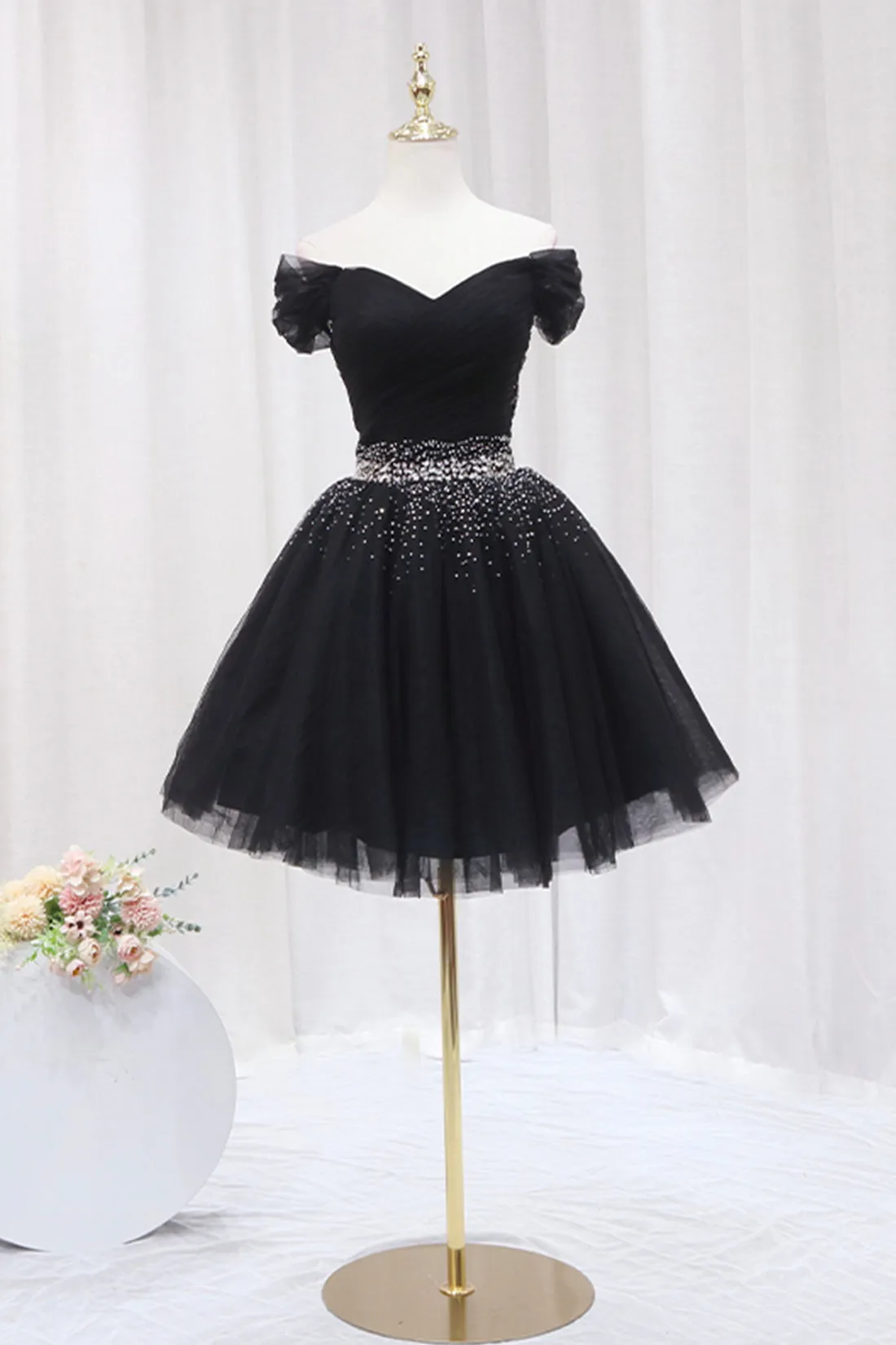 Black Tulle Beaded Short Prom Dress, Off Shoulder Evening Party Dress