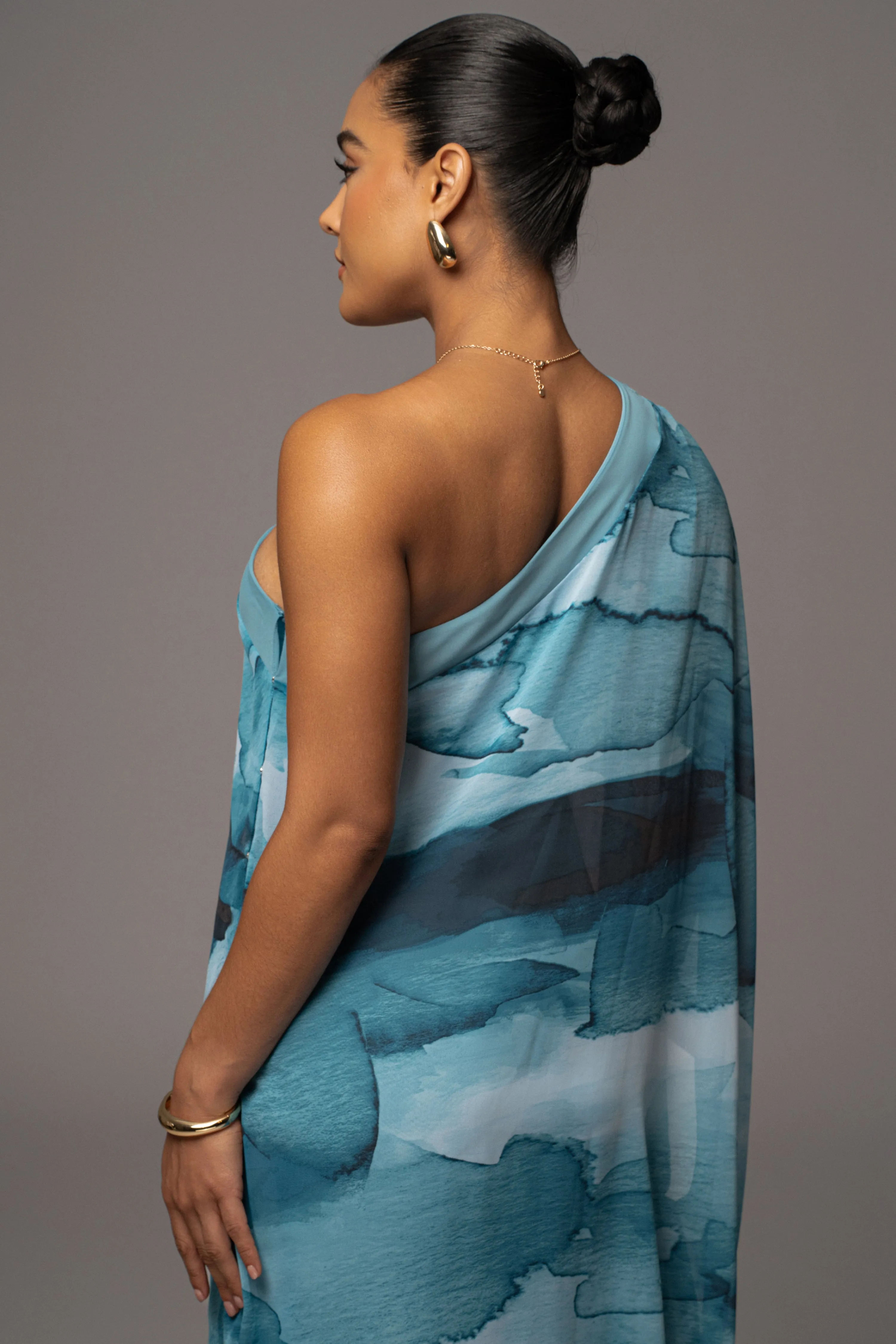 Blue Abstract Mariel One Shoulder Maxi Dress